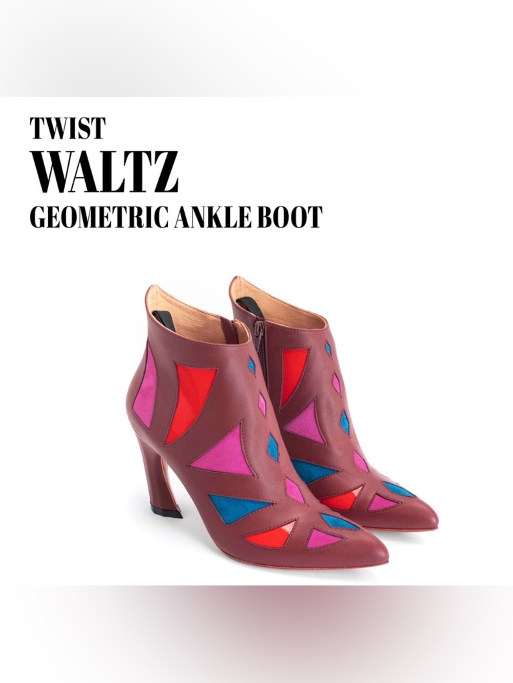 Fluevog LIKE NEW Twist Waltz burgundy/pink/blue/red geometric boot- 9 (fits 8.5)